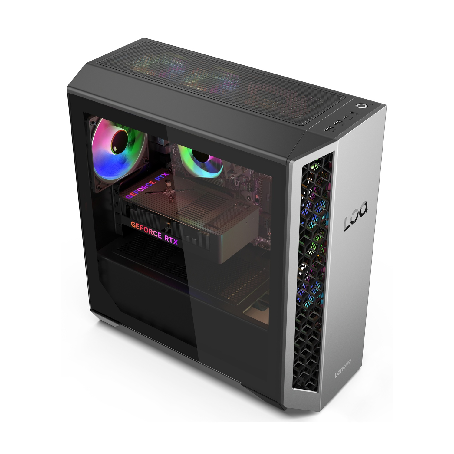 Un case per computer argentato e nero con ventole e luci RGB, che mostra i componenti interni.
