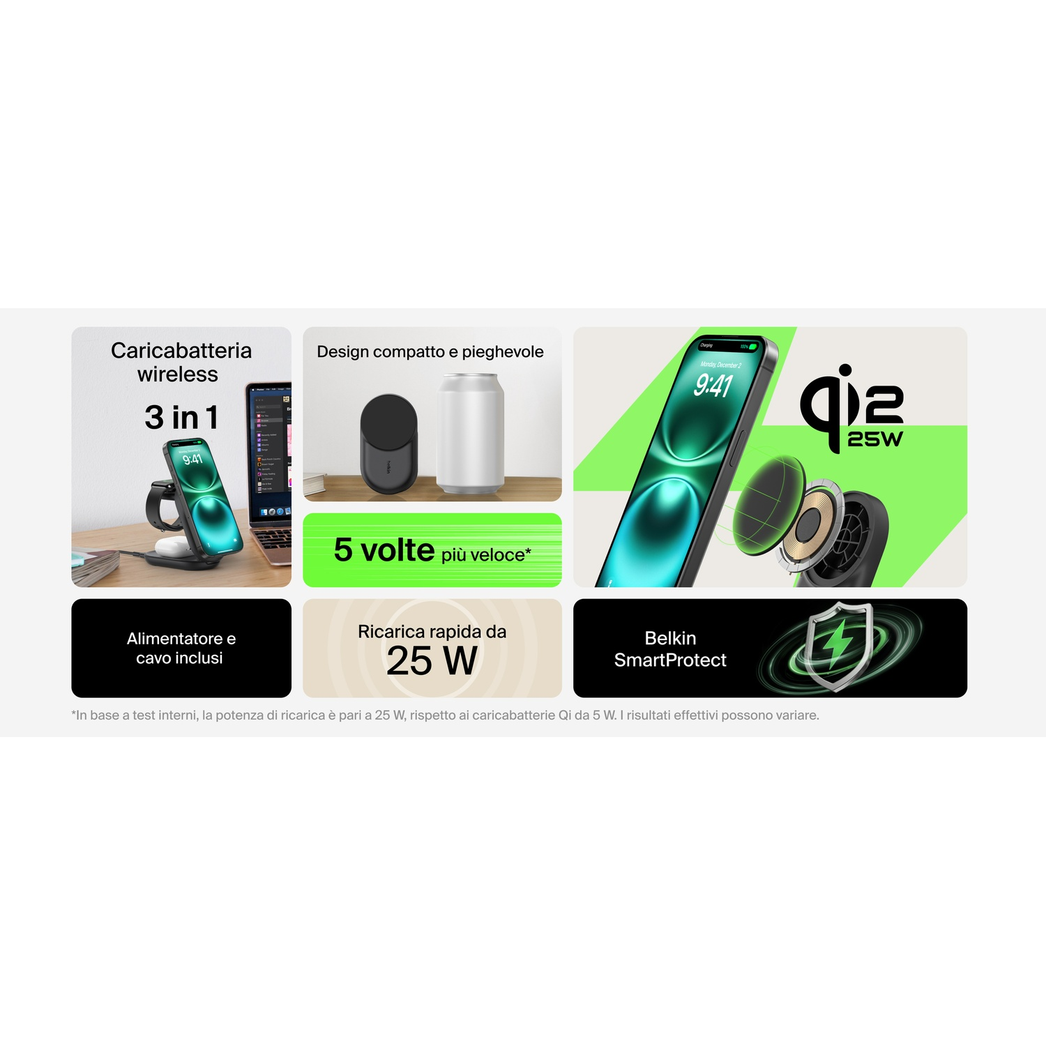 Un caricabatterie wireless 3-in-1 con alimentatore e cavo, ricarica rapida.