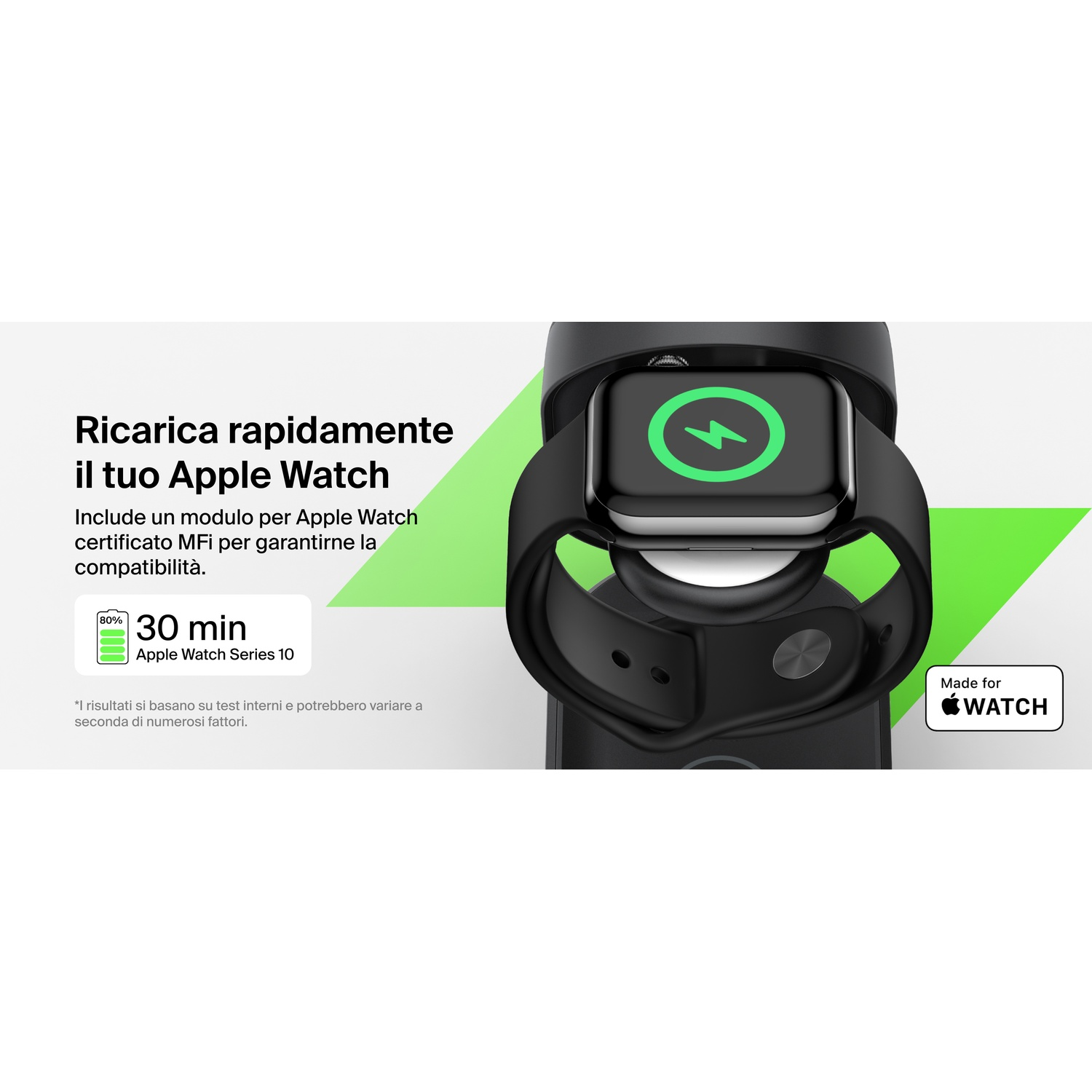 Un Apple Watch nero si carica velocemente. 80% in 30 minuti.