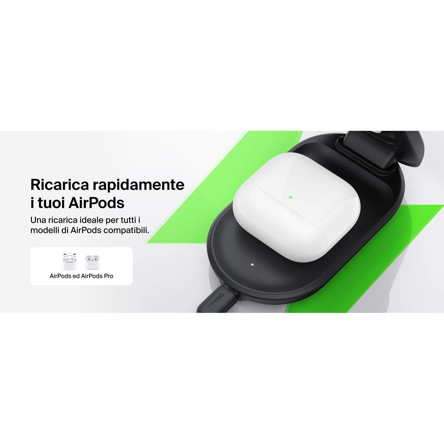 Custodia bianca AirPods in carica su dock nero con luce verde.