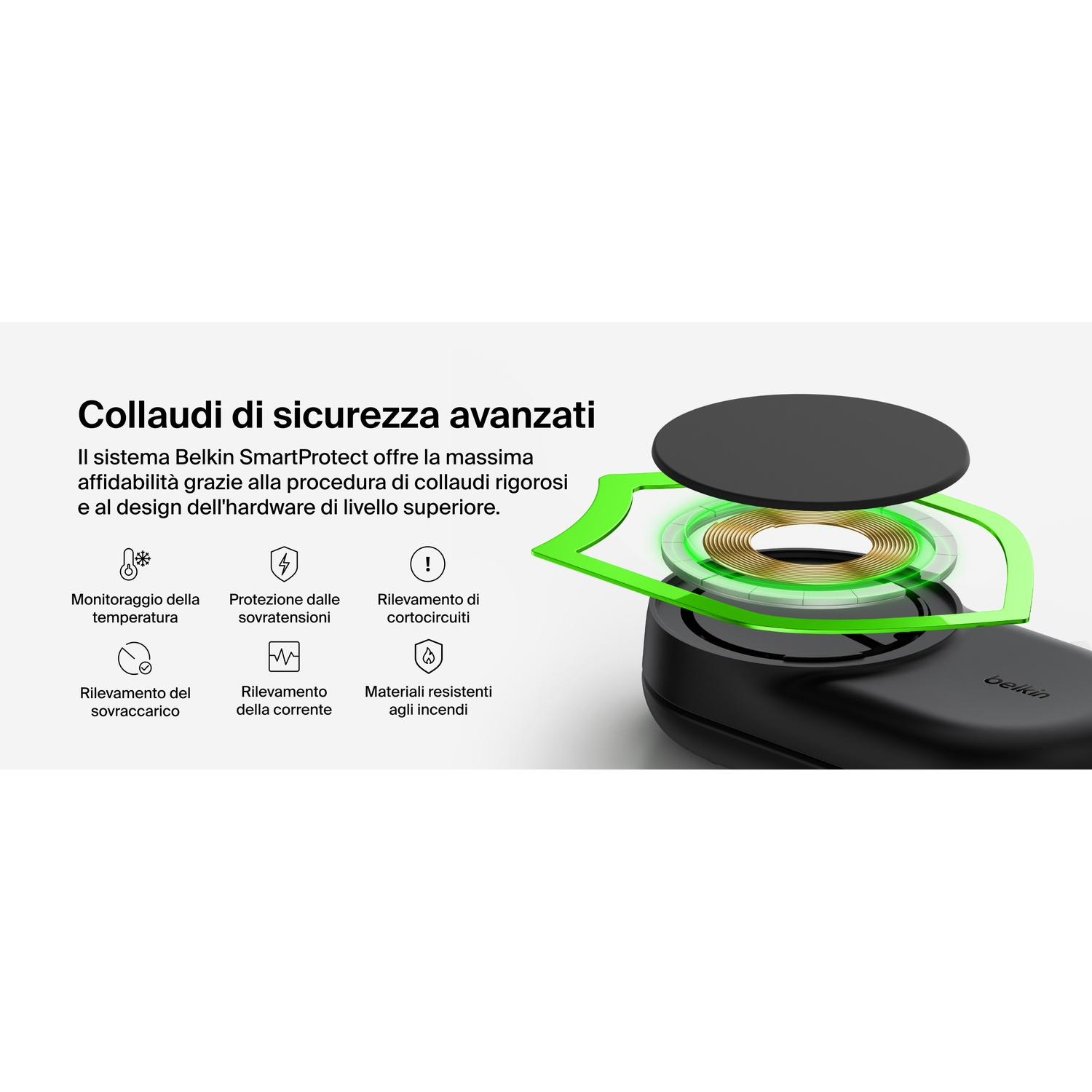 Test di sicurezza avanzati. Un caricatore nero con caratteristiche di sicurezza verdi.
