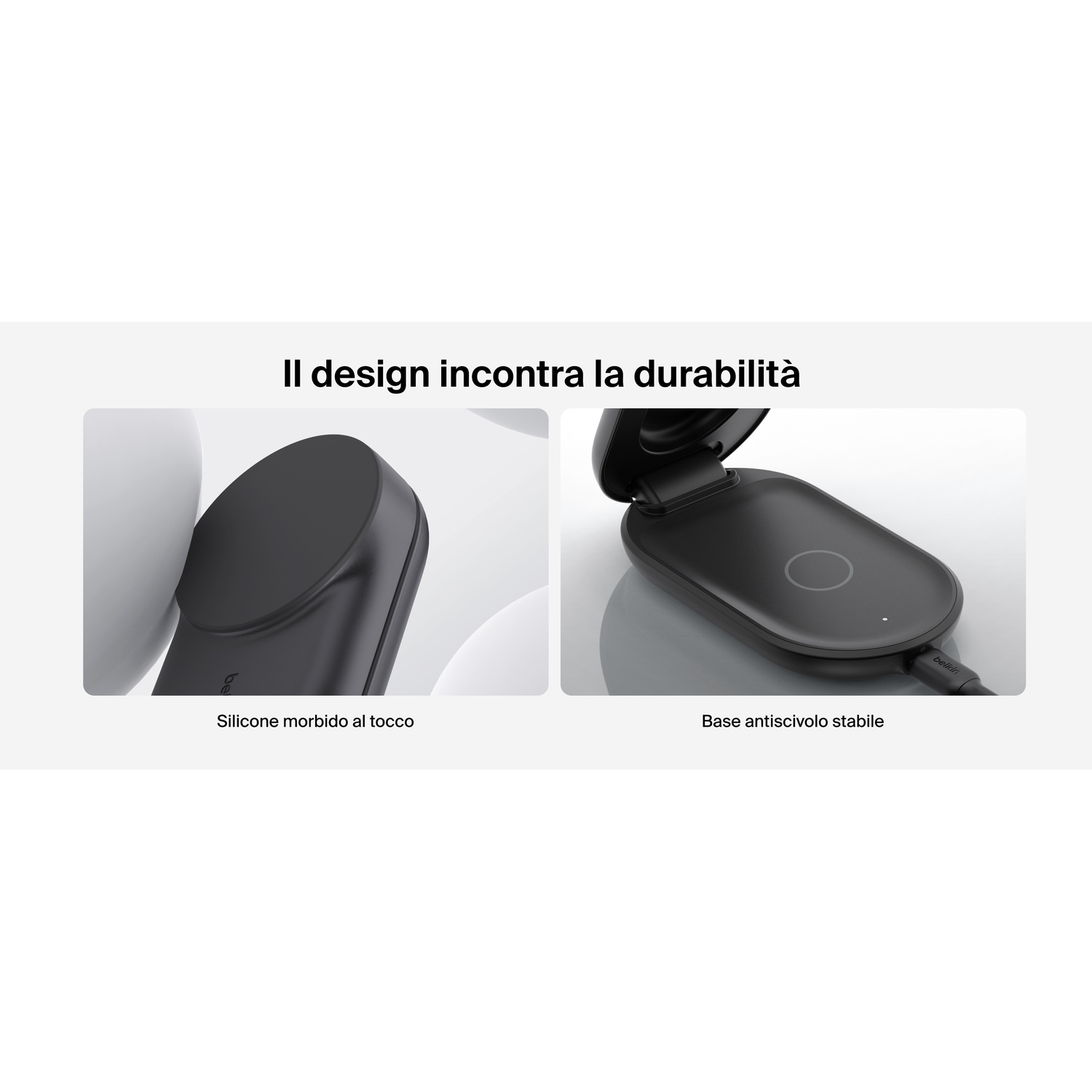Caricatore wireless con parte superiore in silicone morbido e base antiscivolo.
