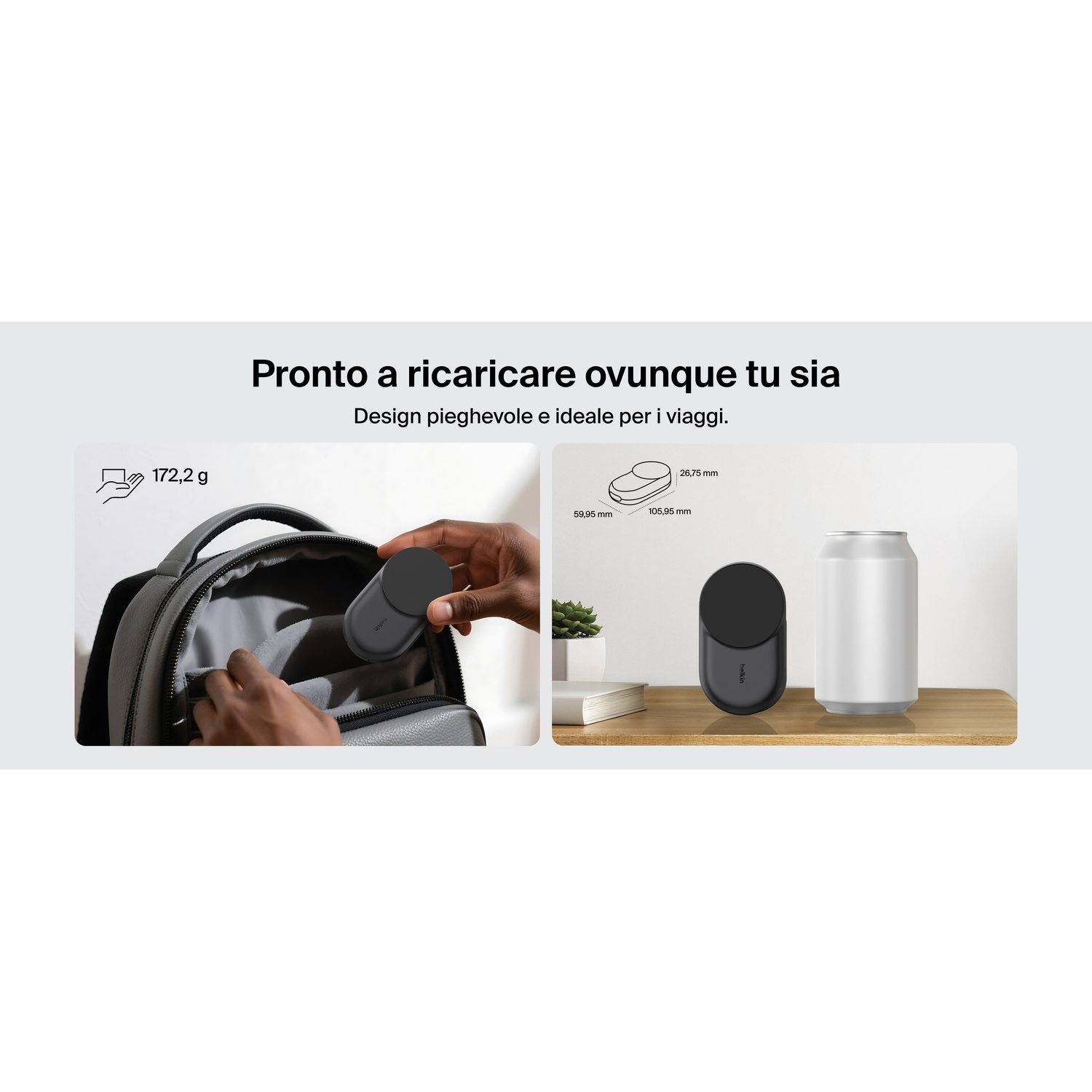 Caricatore Belkin rotondo nero messo in uno zaino grigio. Caricatore e lattina mostrati accanto.