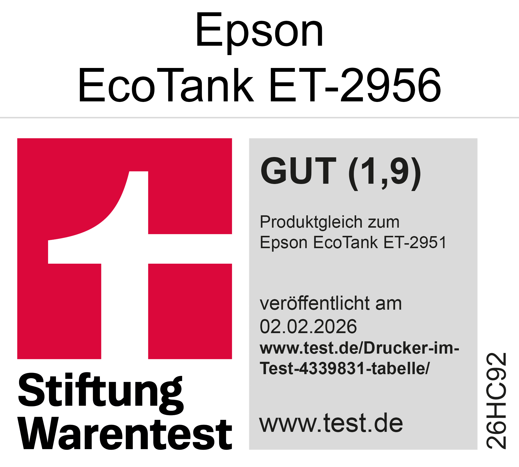Epson EcoTank ET-2956 mit Stiftung Warentest-Logo und Bewertung GUT (1,9).