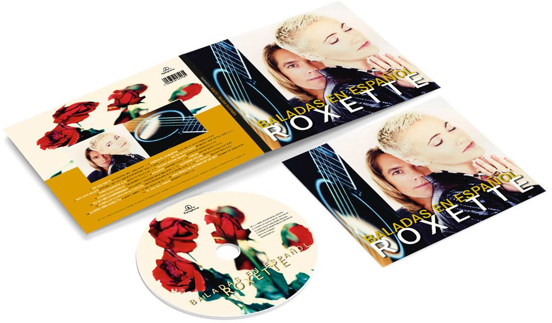 Roxette CD-borító rózsákkal és gitárnyakkal, két személy.