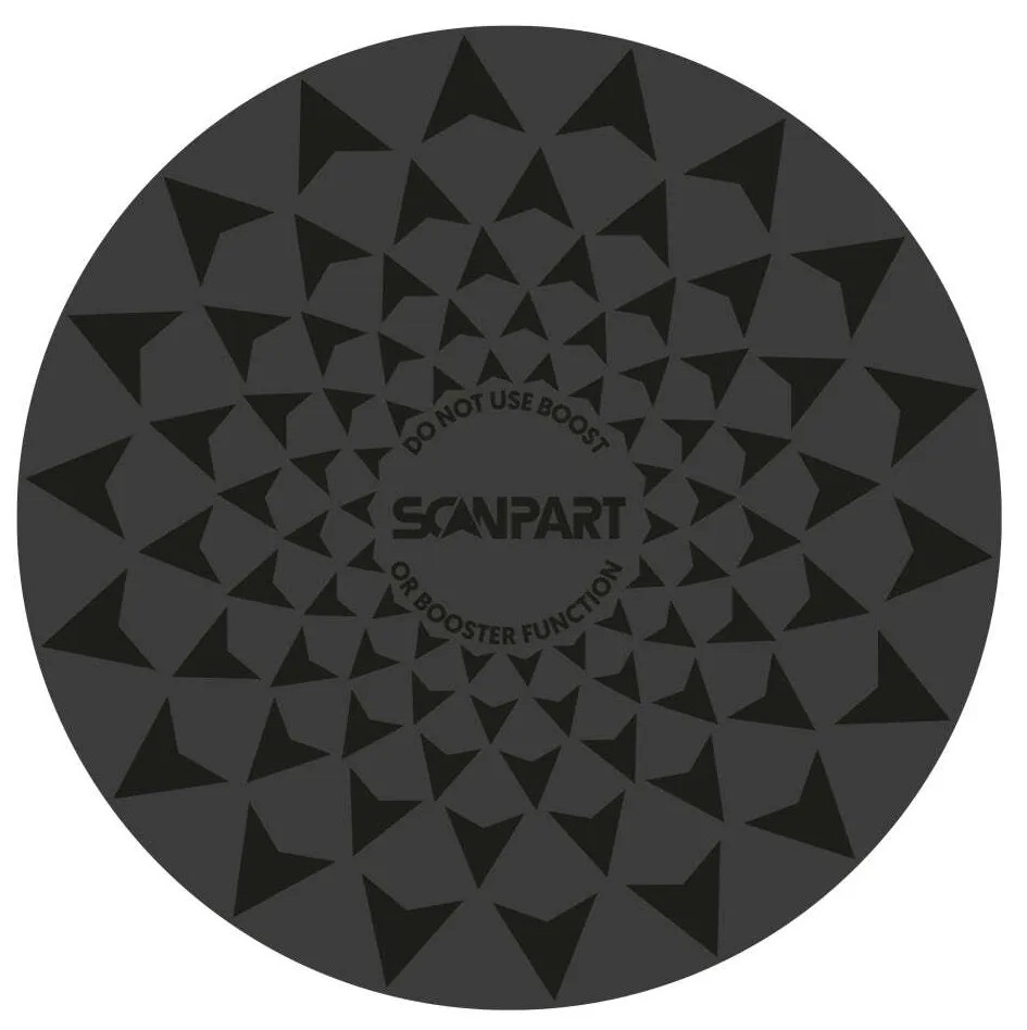 Okrągły czarny dysk ze wzorem geometrycznym i tekstem.