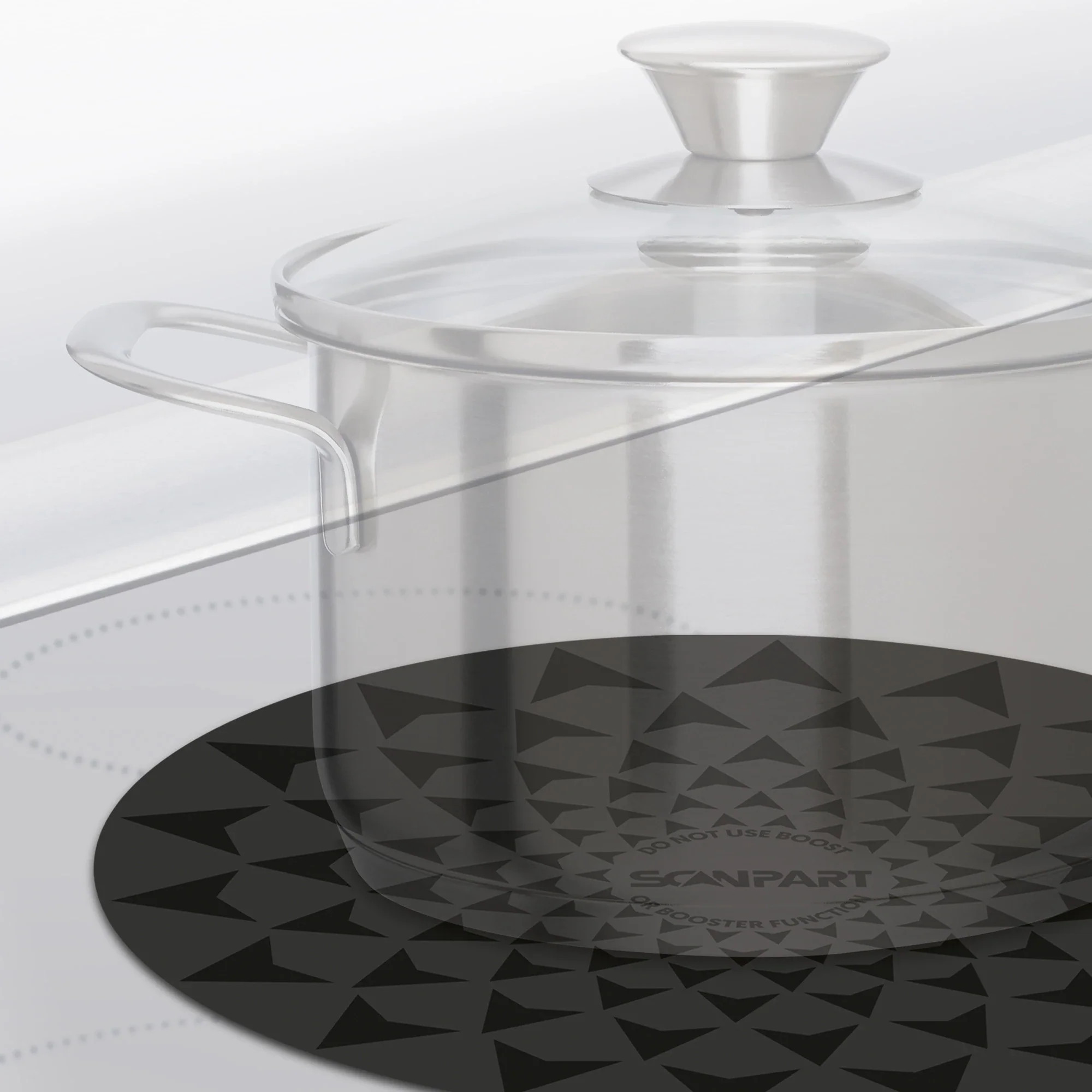 Garnek z szklaną pokrywką stoi na płycie kuchennej z czarnym wzorem.