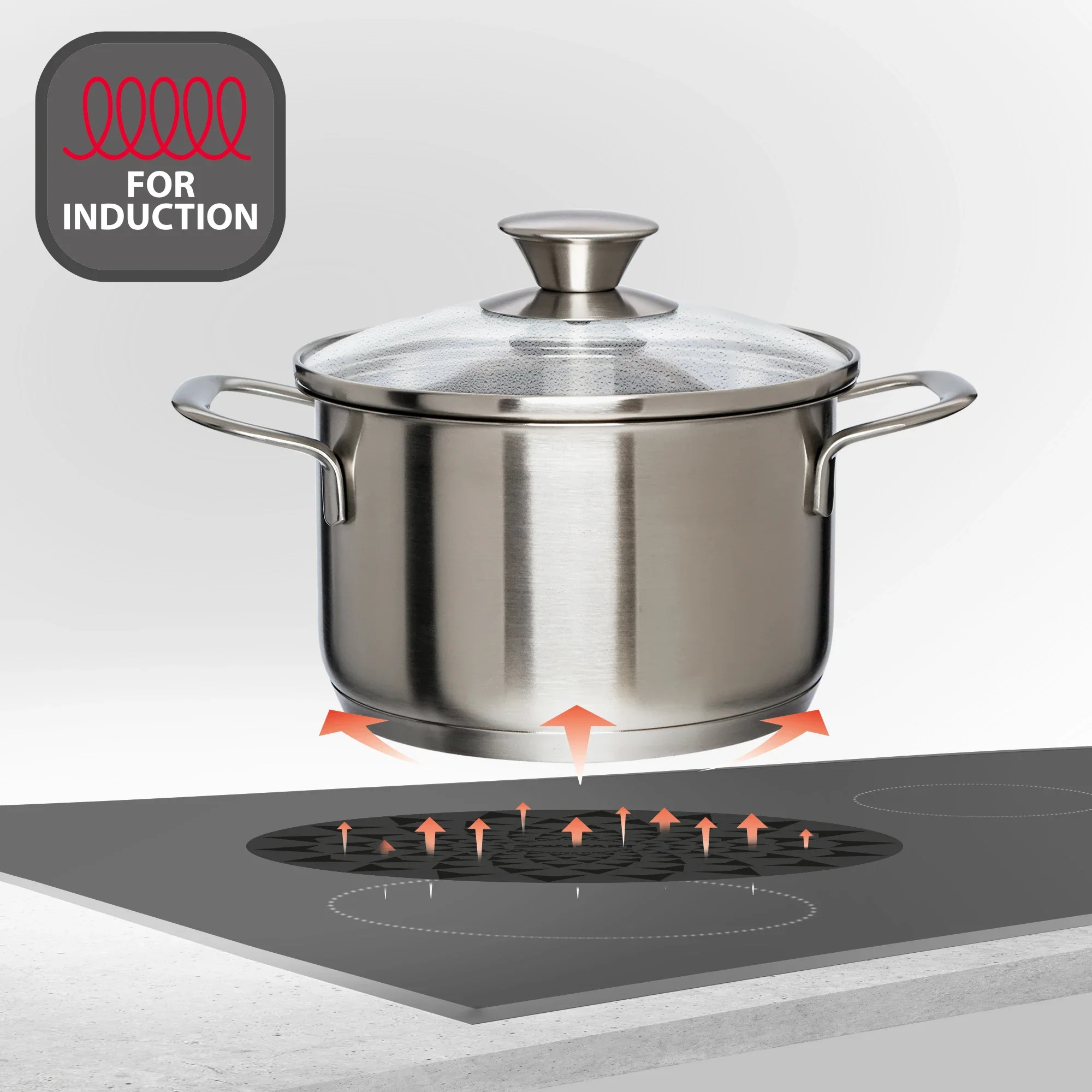 Stalowy garnek z szklaną pokrywką na płycie indukcyjnej, strzałki wskazują ciepło.