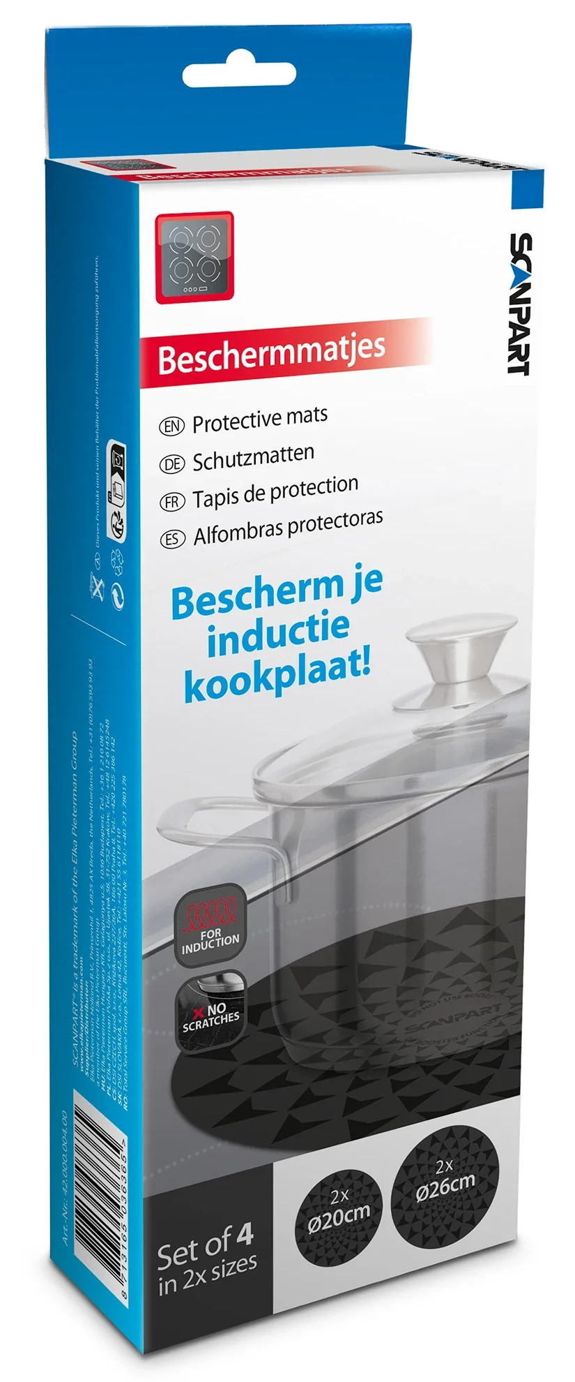 Opakowanie na 4 maty ochronne do indukcji w 2 rozmiarach, Ø20cm i Ø26cm.