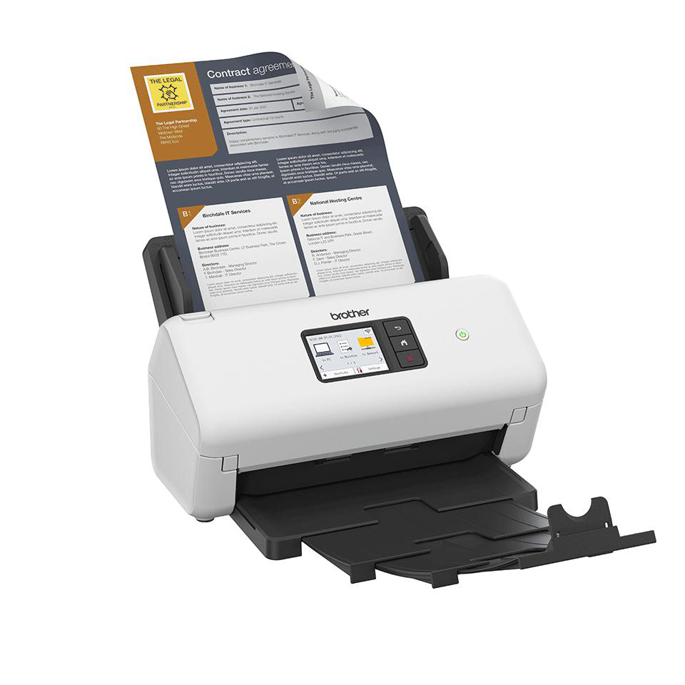 Ein weißer Dokumentenscanner mit einem Vertrag, der eingelegt ist.