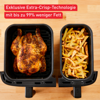 Ein Brathähnchen und Pommes Frites in zwei Airfryer-Körben.