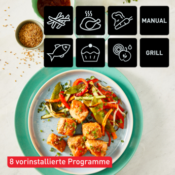 Gericht mit Fisch und Gemüse, daneben Symbole für Kochprogramme.