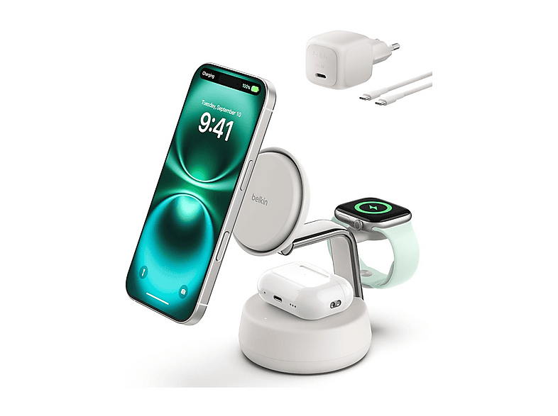 CARICATORE WIRELESS BELKIN STAND WL Qi2 25W 3IN1 da 25 W, Sabbia