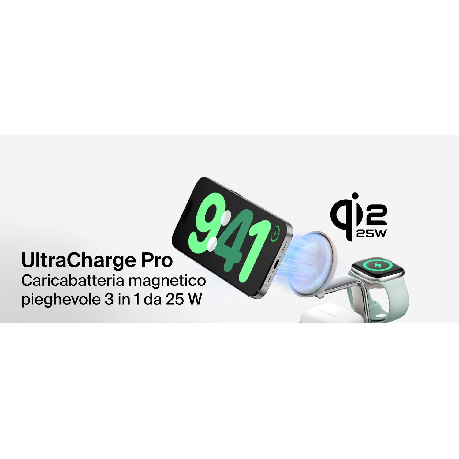 Un telefono, uno smartwatch e auricolari su una stazione di ricarica.