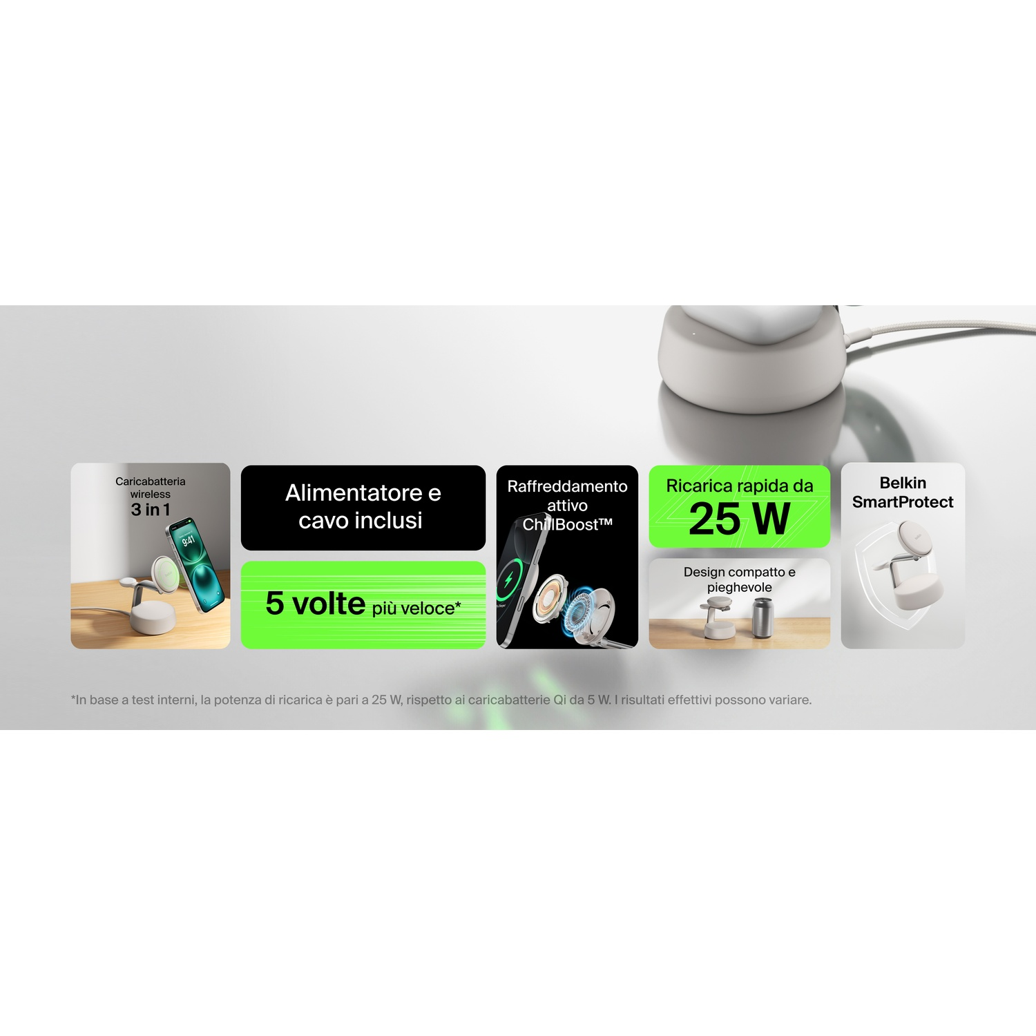 Caricatore wireless 3-in-1 con alimentatore, cavo, ricarica rapida 25W e raffreddamento.