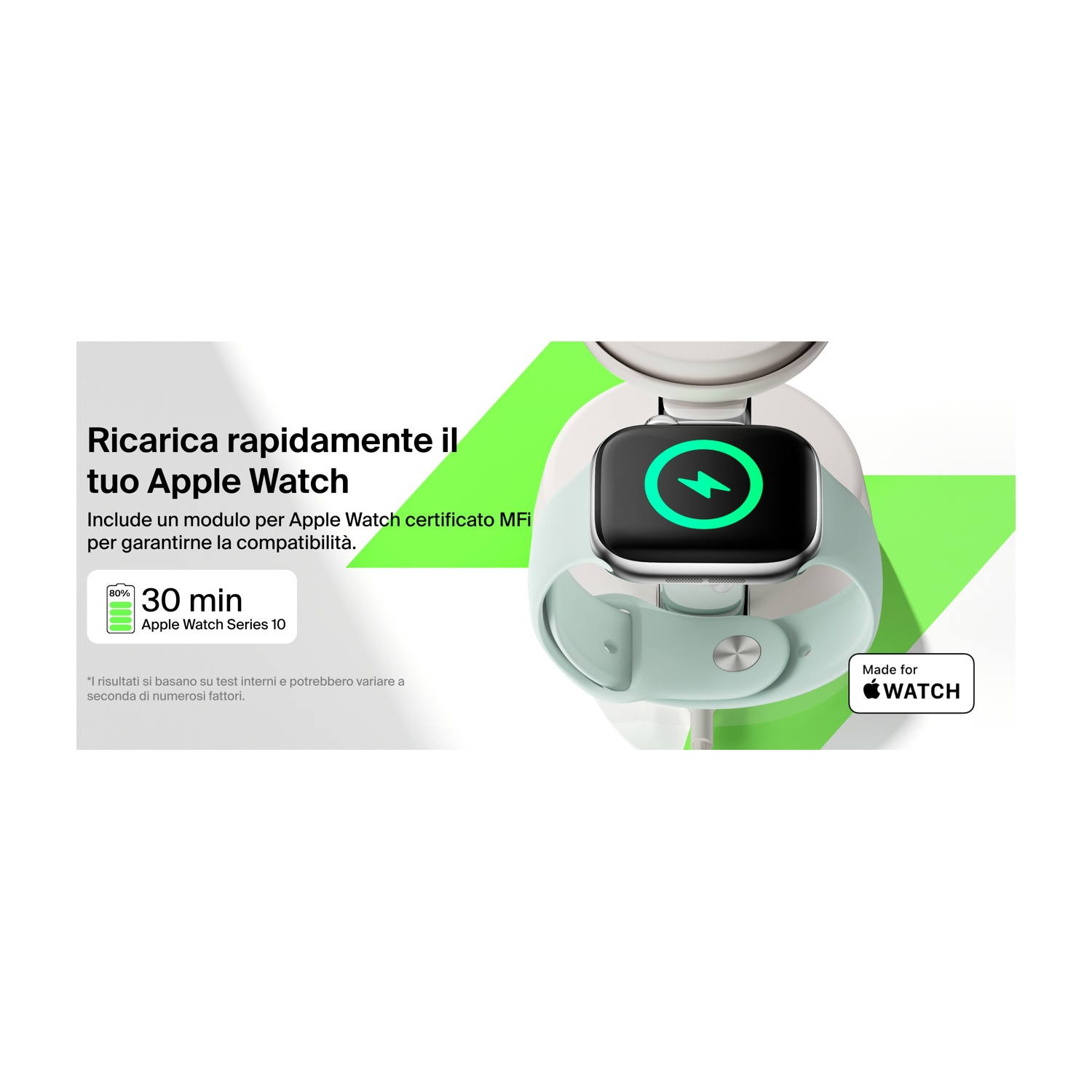 Caricatore Apple Watch con simbolo fulmine verde all'80%.