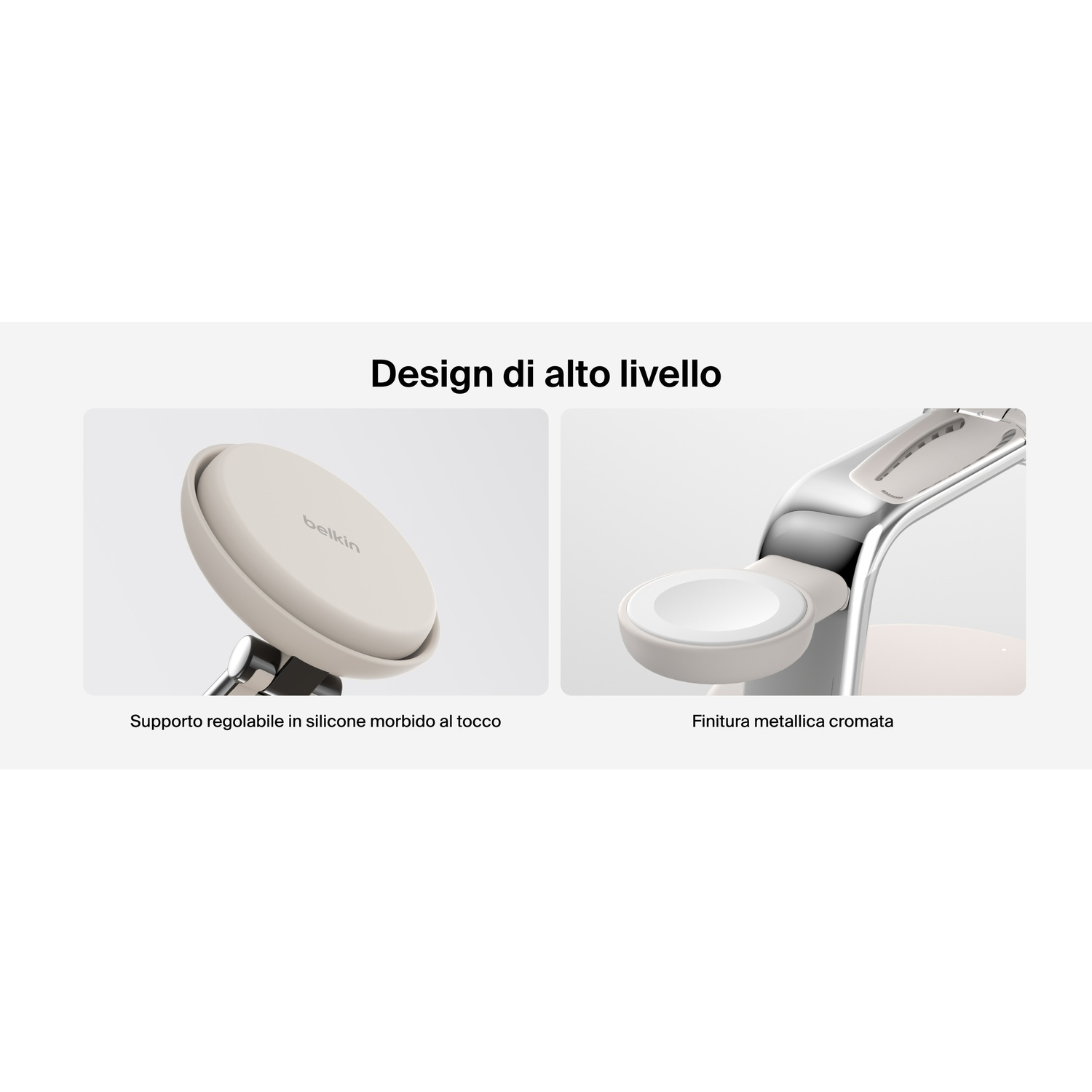 Supporti di ricarica beige e argento per orologi e telefoni, con dettagli.