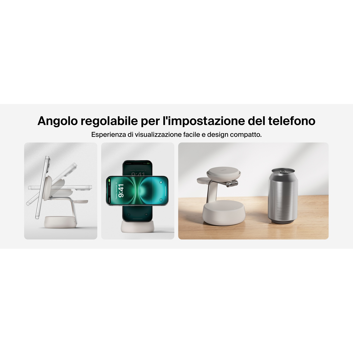 Supporto telefono regolabile con telefono e lattina accanto.