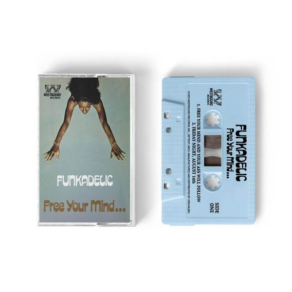 Eine Funkadelic 'Free Your Mind'-Kassettenhülle, Vorder- und Rückansicht. Hellblaue Kassette.