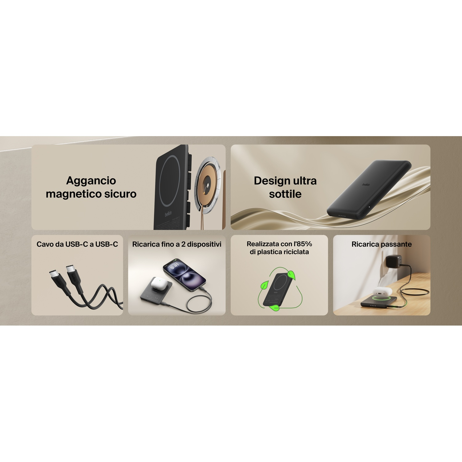 Accessori Belkin: Caricabatterie magnetici, cavi e powerbank ricaricabili.