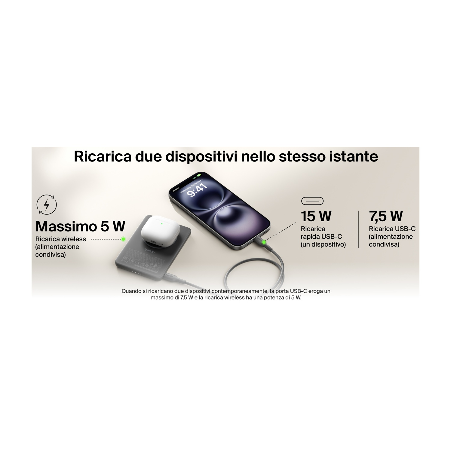 Un iPhone si ricarica wireless su un caricatore Belkin mentre un cavo USB-C è collegato.
