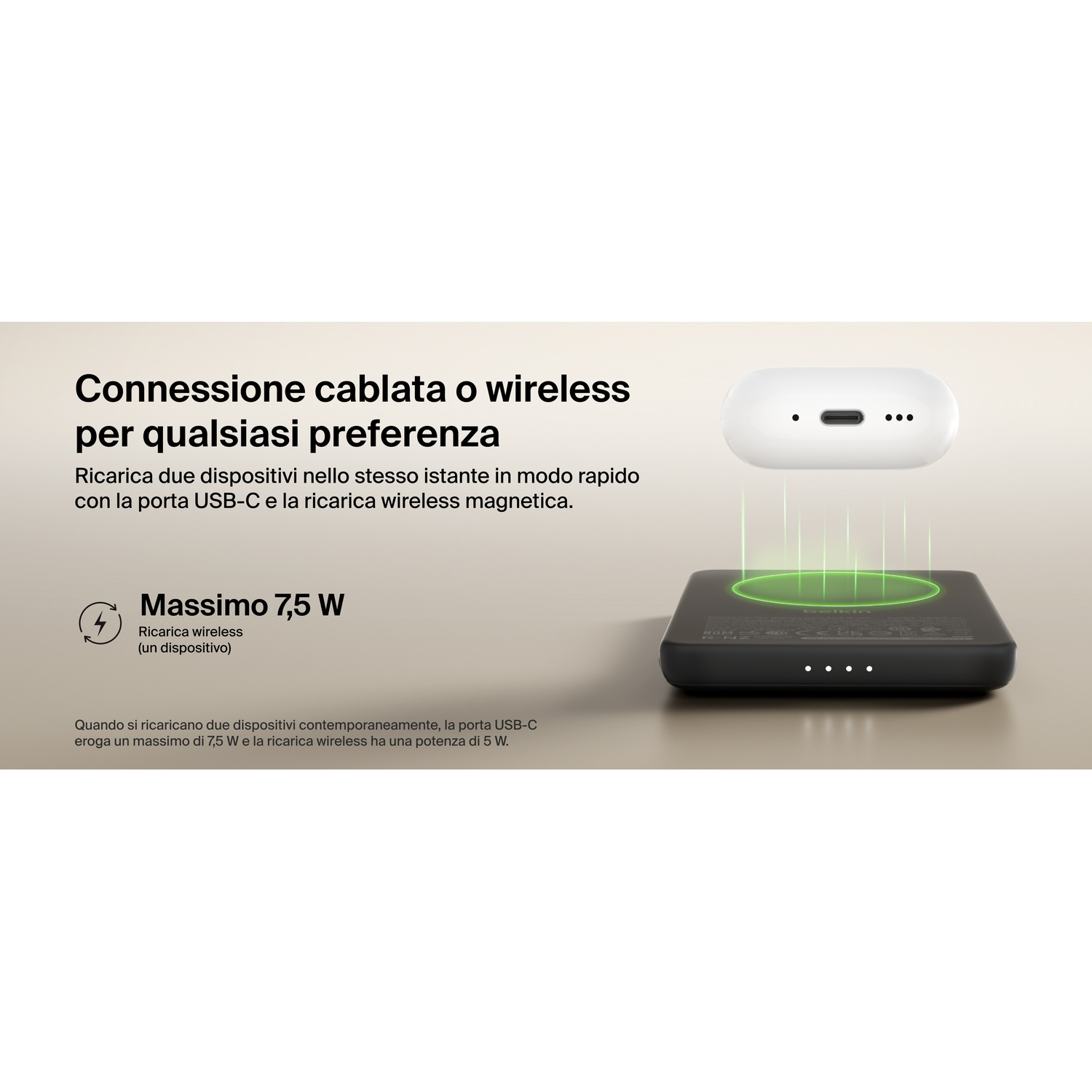 Base di ricarica nera con dispositivo bianco in carica wireless.