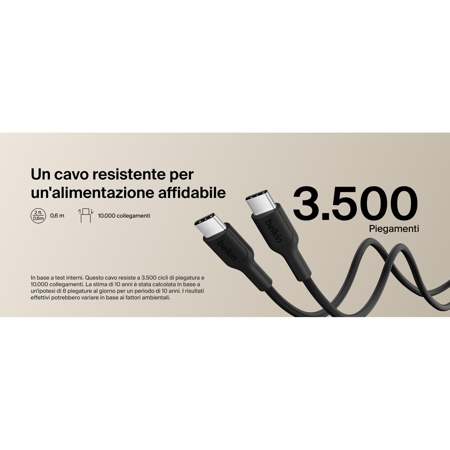 Cavo USB-C Belkin nero, 0,6m, 3.500 piegature, 10.000 collegamenti.