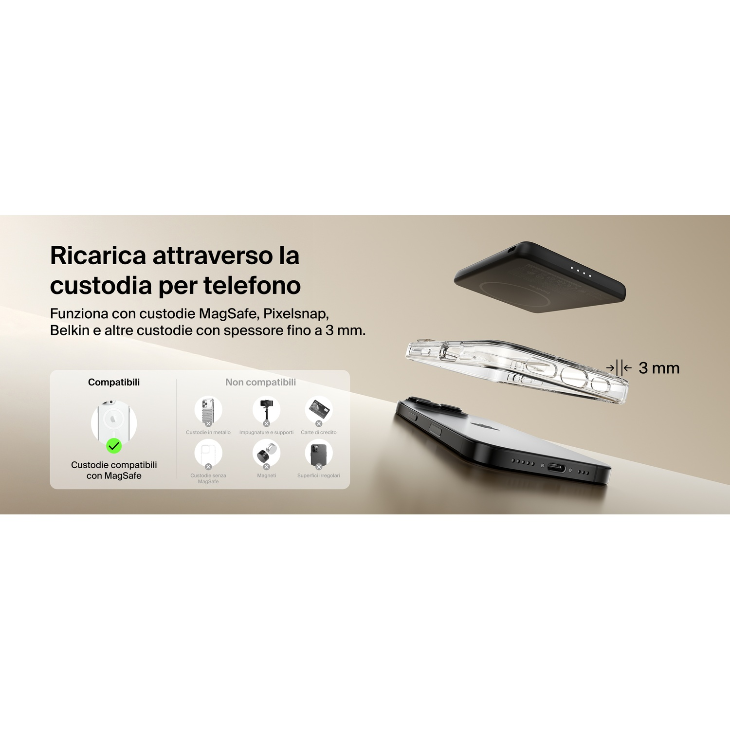 Ricarica wireless attraverso la custodia: Funziona con custodie fino a 3 mm.