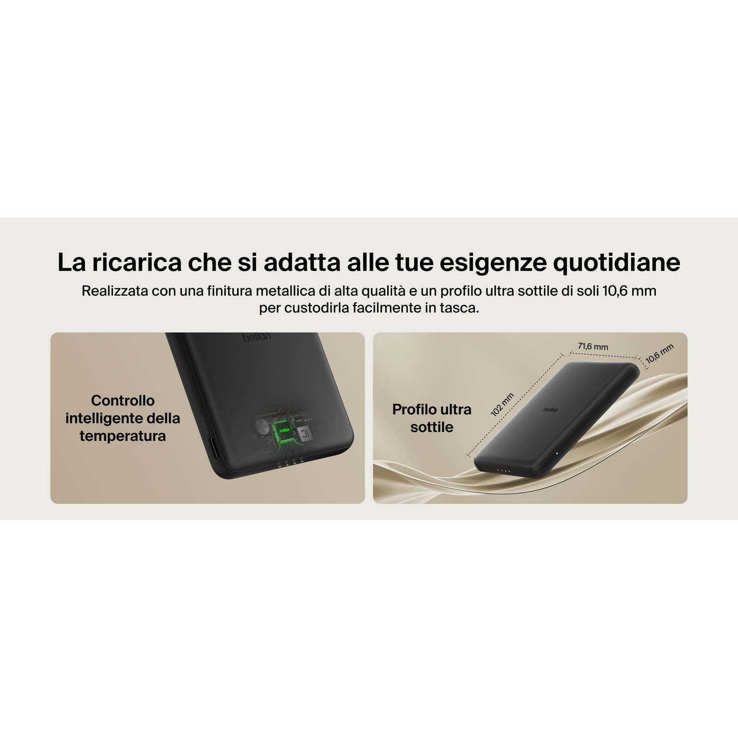 Caricatore nero sottile con dimensioni 71,6 mm, 10,6 mm, 102 mm. Vista interna.