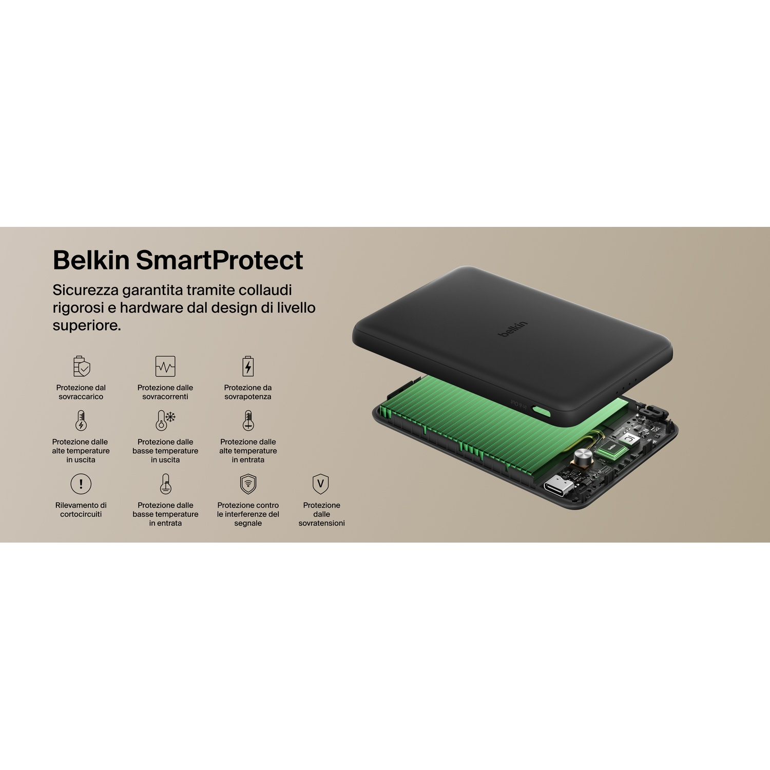 Belkin SmartProtect: Dispositivo di ricarica nero, aperto mostra componenti interni e funzioni protettive.