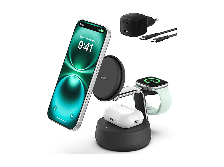 CARICATORE WIRELESS BELKIN STAND WL Qi2 25W 3IN1 da 25 W, Carbone