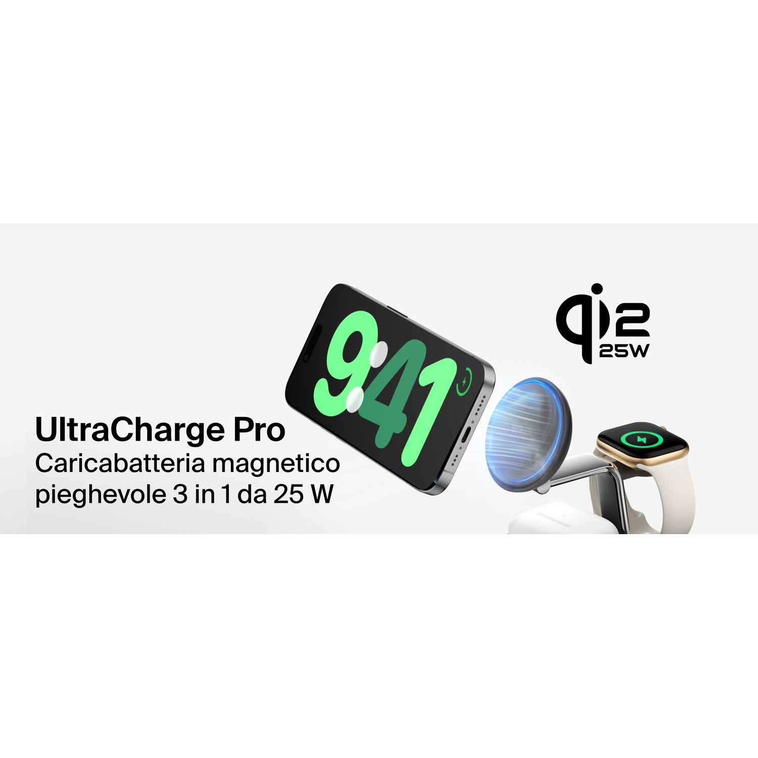 Uno smartphone, un supporto di ricarica con orologio e auricolari.