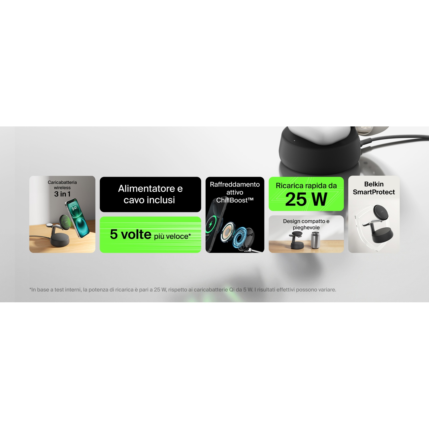 Caricabatterie 3-in-1 con alimentatore, cavo, raffreddamento attivo e ricarica rapida 25W.