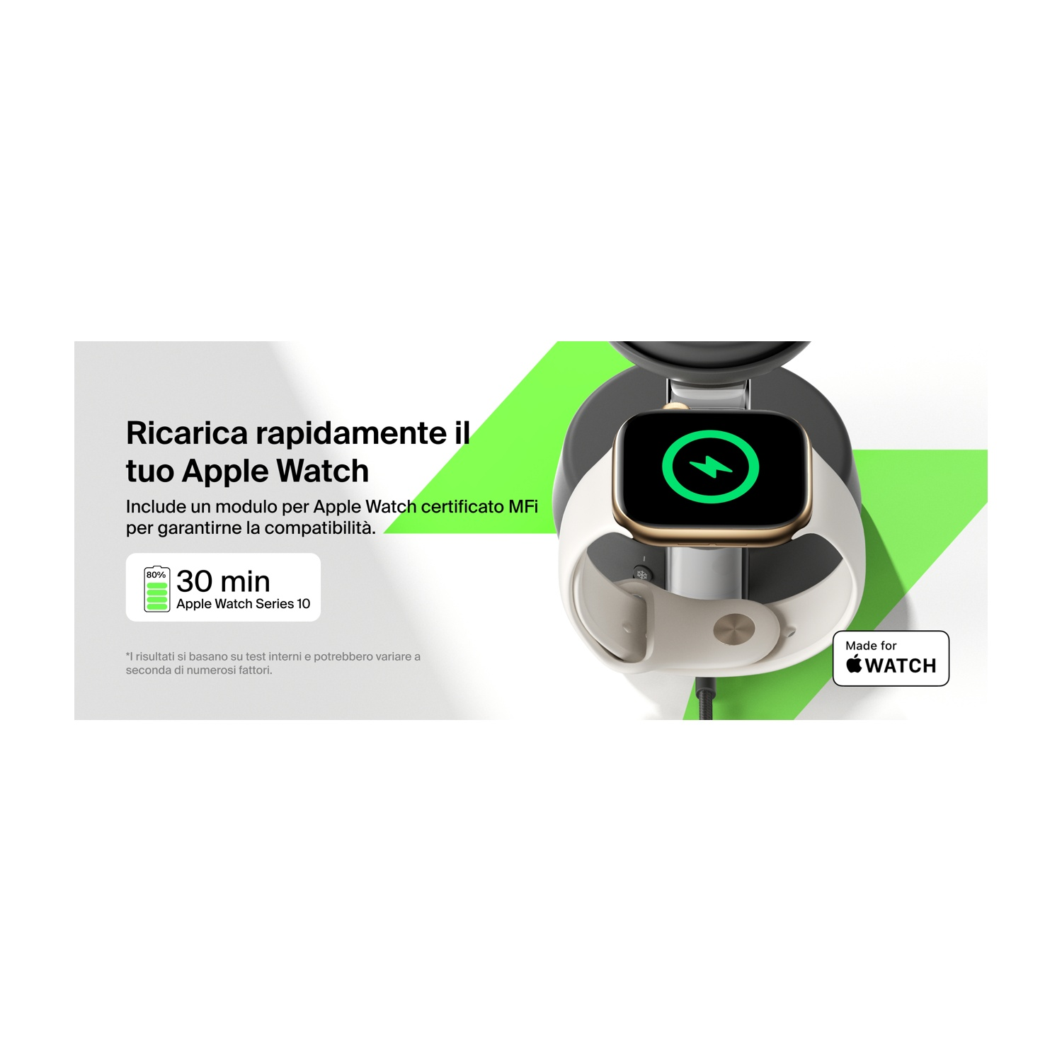 Caricatore Apple Watch con fulmine e indicatore di carica 30 min.
