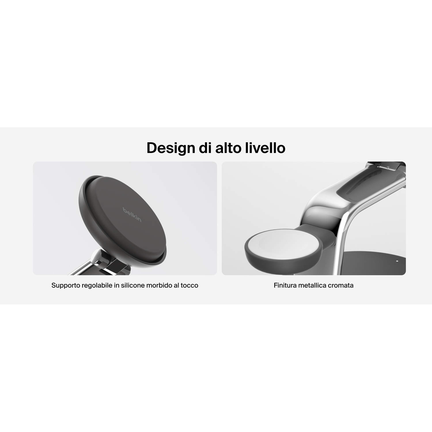 Design di alto livello: supporto in silicone e finitura cromata.