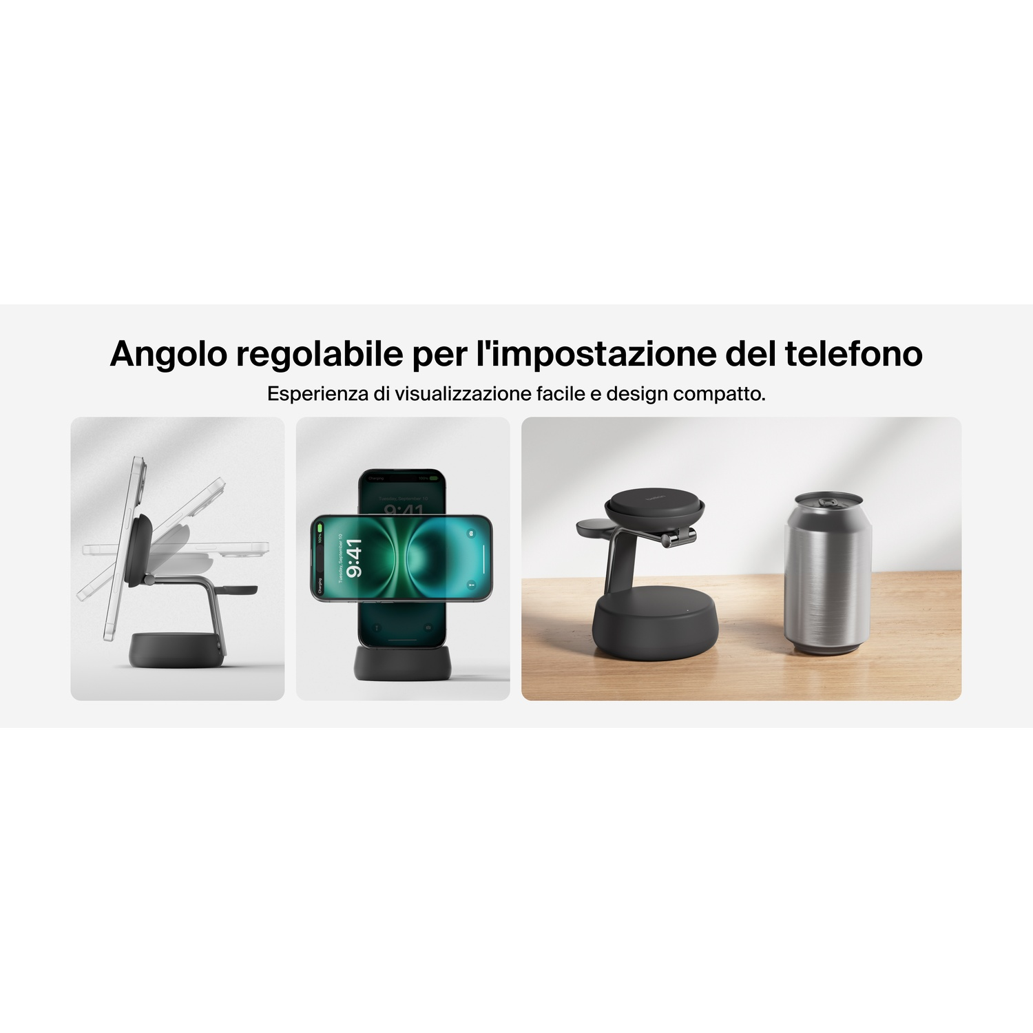 Supporto regolabile per telefono con smartphone e lattina argentata.
