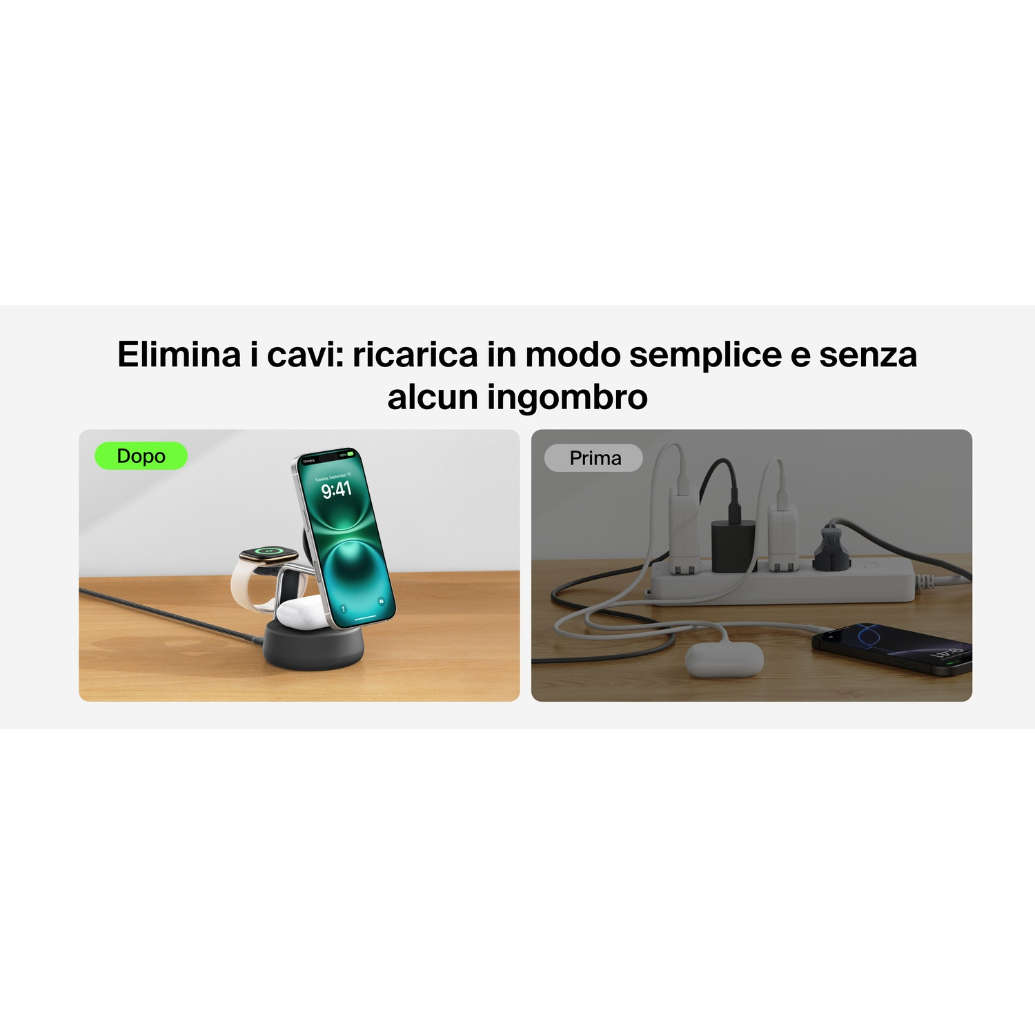 Prima/Dopo: Caricatore wireless con telefono e orologio vs. ciabatta affollata con vari dispositivi.