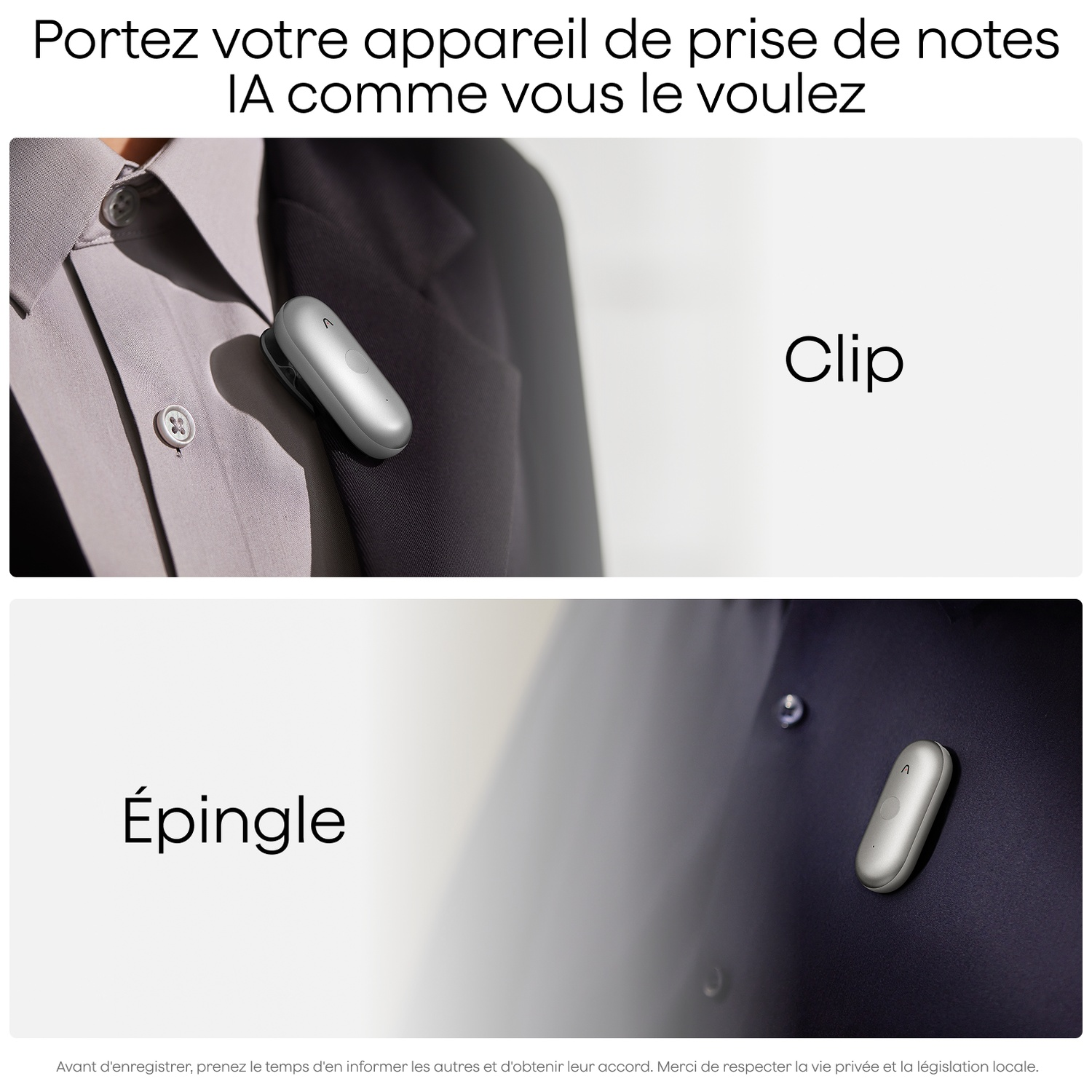 Un appareil d'enregistrement IA argenté est fixé à une chemise et une veste.