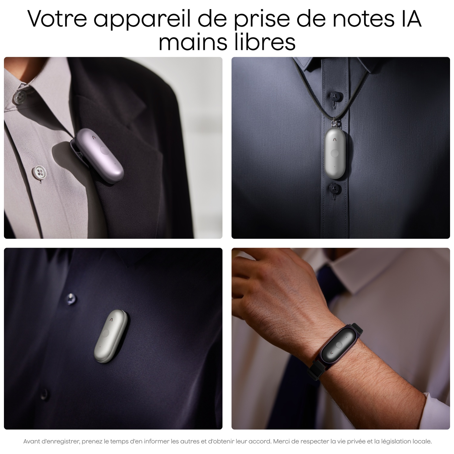 Quatre images montrent un petit appareil ovale clipsé sur des vêtements ou porté en tour de cou/bracelet.