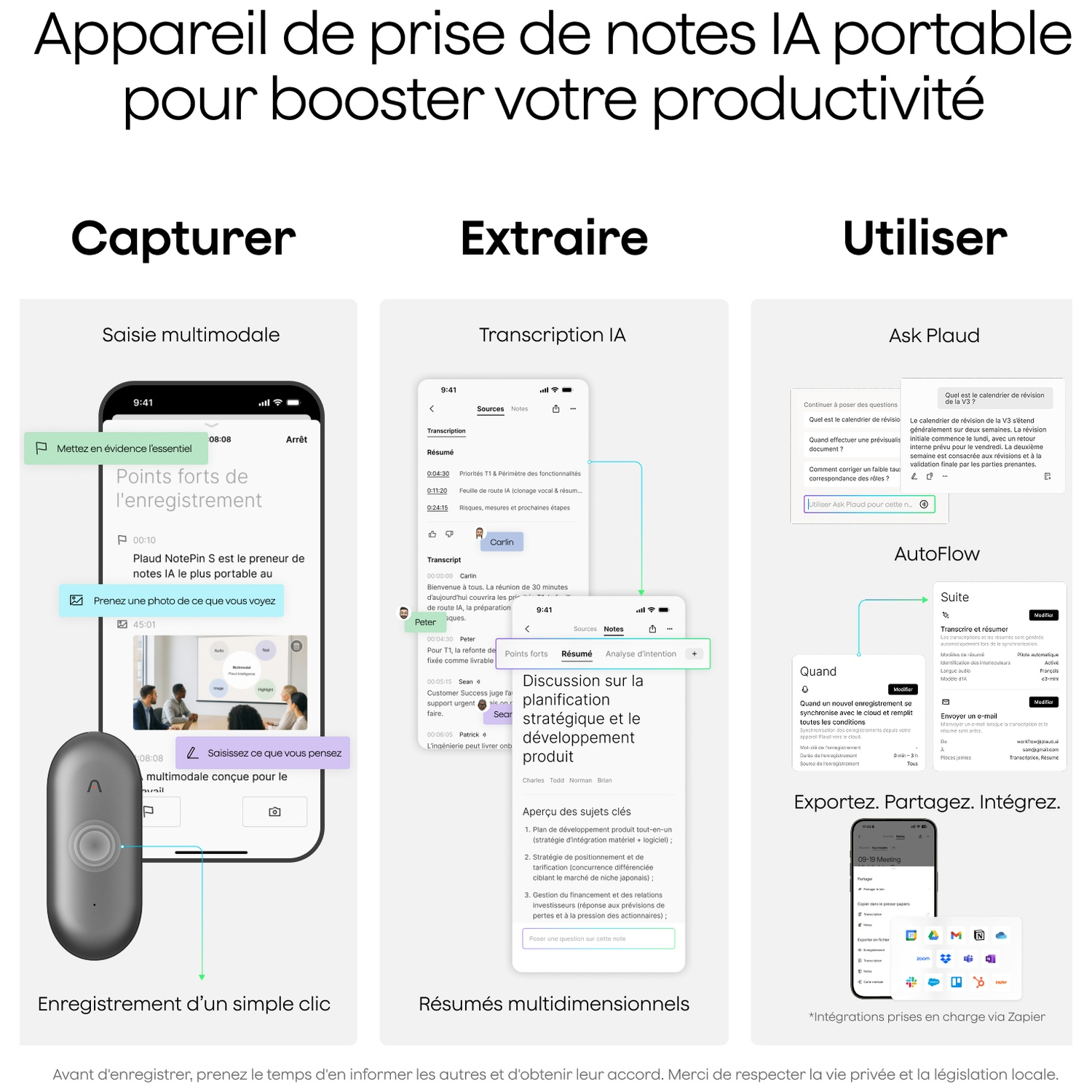 Aperçu de l'app avec 3 colonnes : Capturer, Extraire, Utiliser. Montre diverses fonctions de l'app de notes IA.