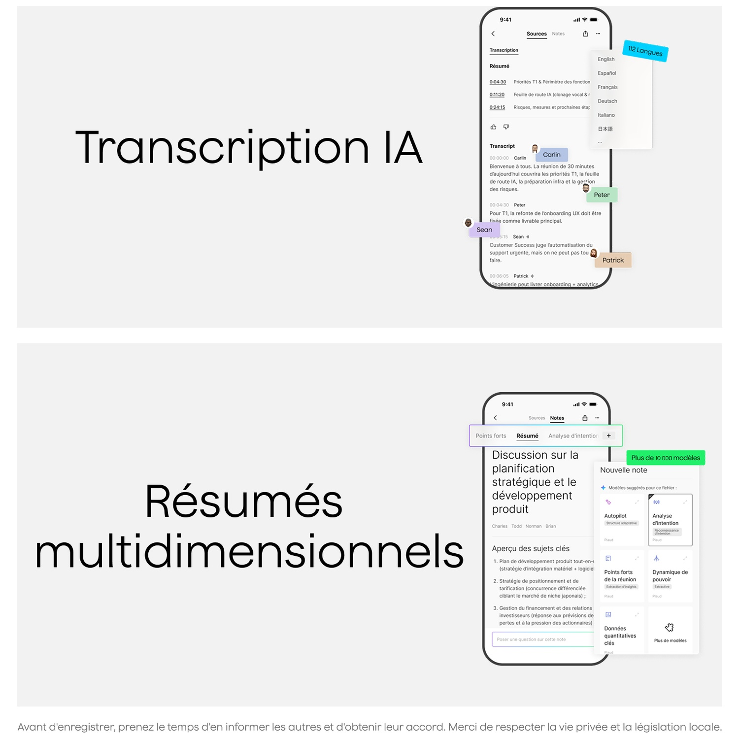 Capture d'écran d'une application montrant la transcription et la traduction.