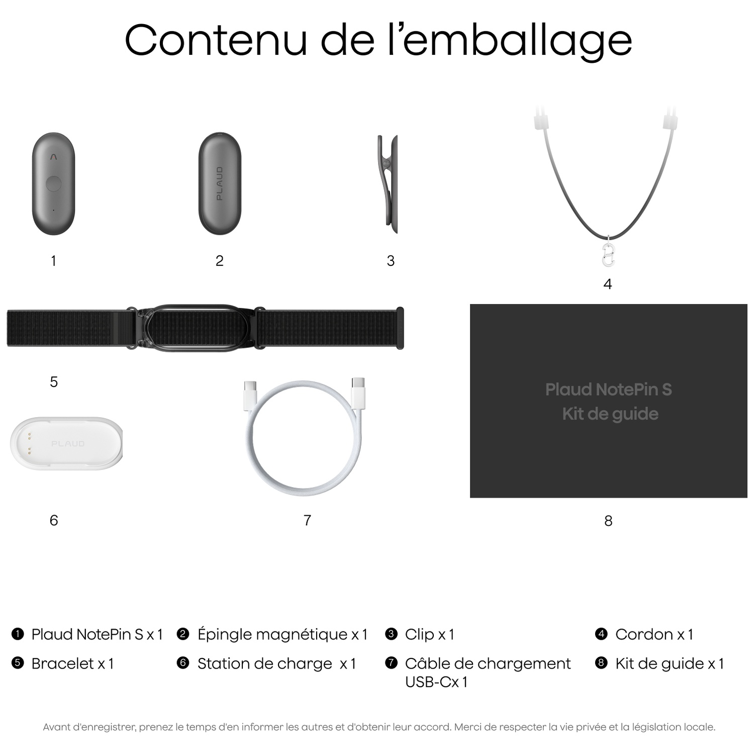 Contenu de l'emballage : 2 Plaud NotePins, clip, cordon, bracelet, station de charge, câble USB-C, guide.
