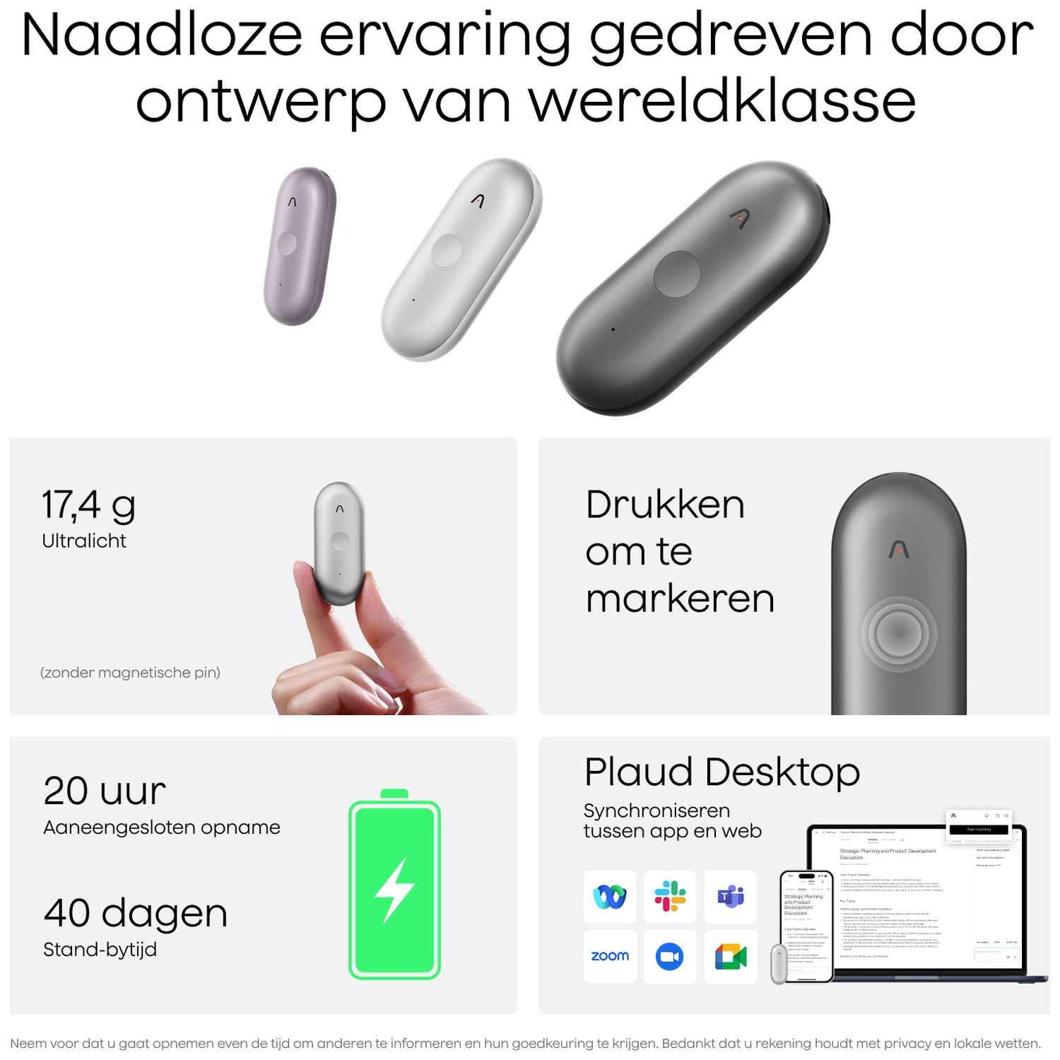 Three sleek, oval-shaped devices in purple, white, and gray, with specifications and app icons.