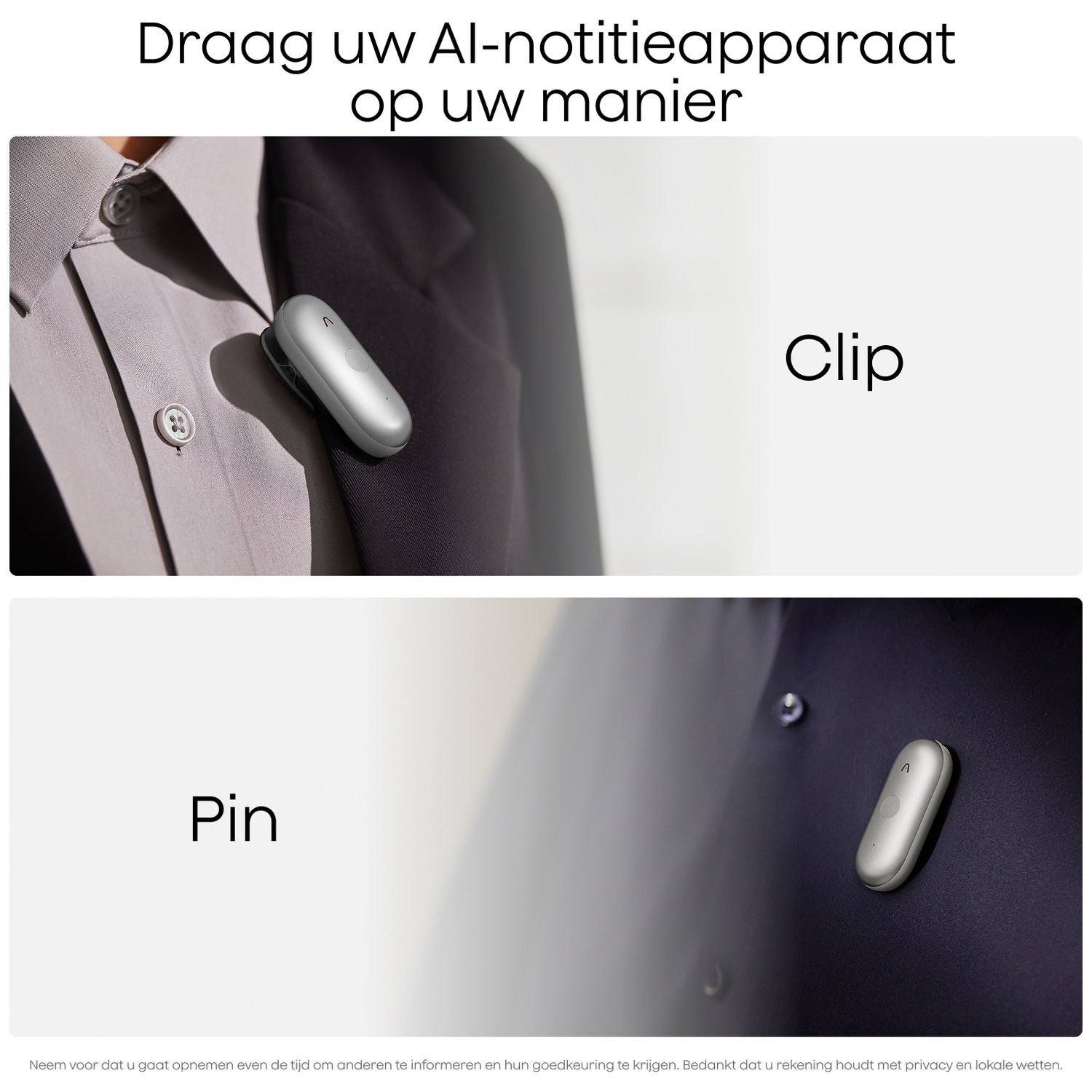 A silver AI device is attached to a shirt with a clip and a dark shirt with a pin.