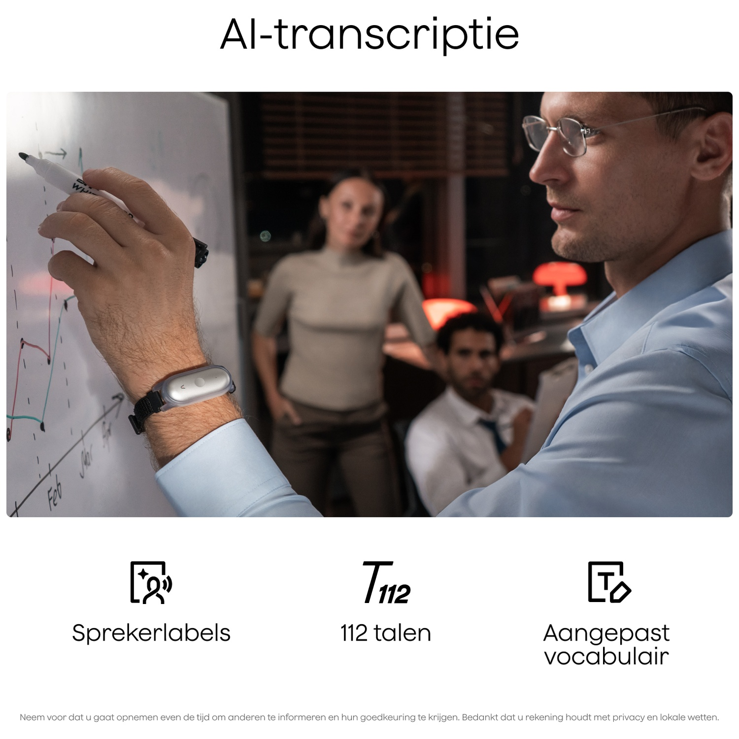 Man writes on whiteboard, colleagues in background. Icons for speaker labels, 112 languages, custom vocabulary.
