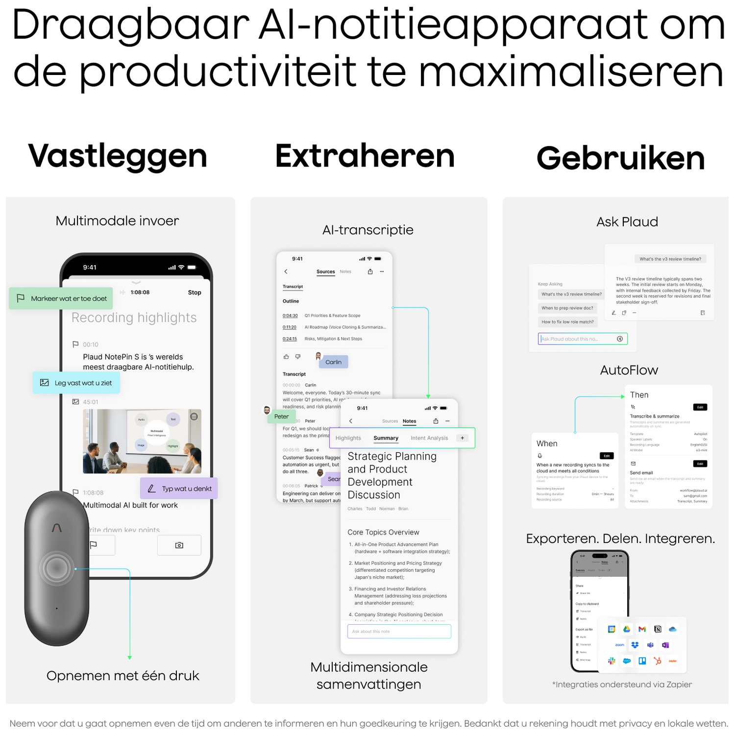 App home screen showing recording, transcription, and AI note-taking features.