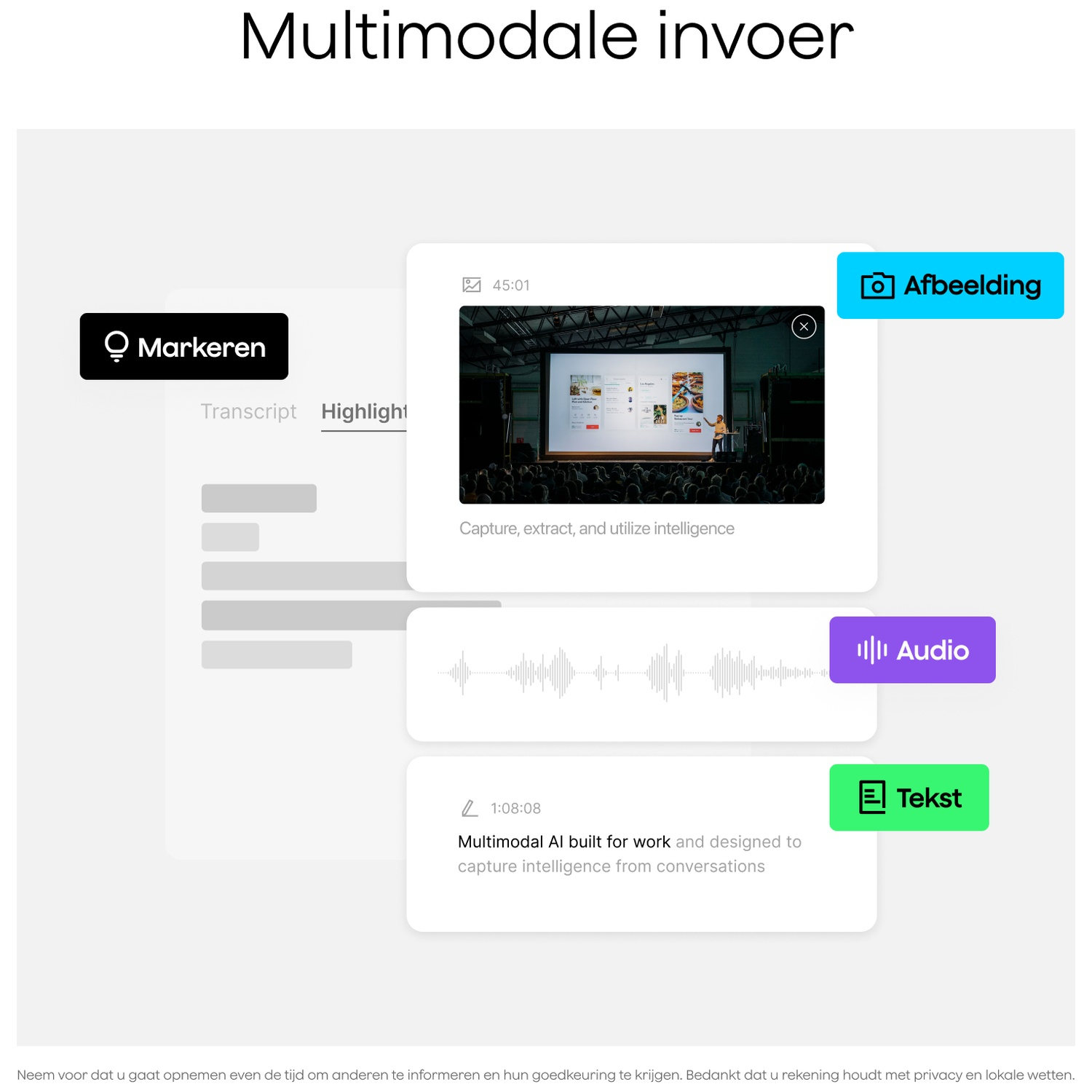 Multimodal input with video, audio, and text snippets.