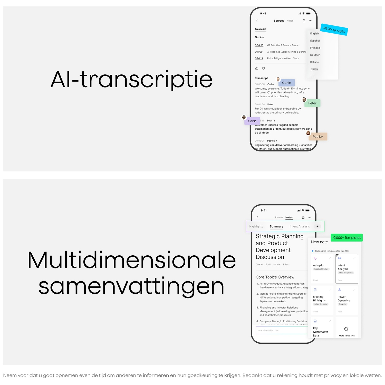 App screen showing transcription and language translation features.