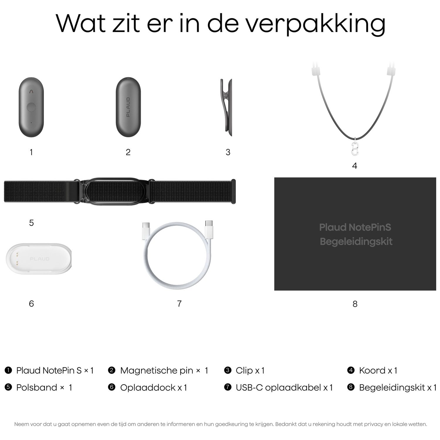 Package contents: 2x NotePins, clip, cord, wristband, charging dock, cable.