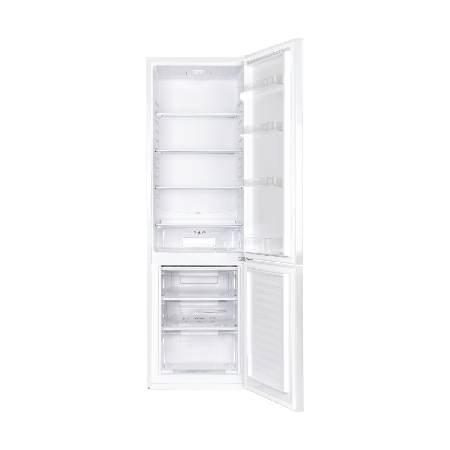Un frigorifero bianco con la porta aperta, che mostra scaffali e cassetti all'interno.